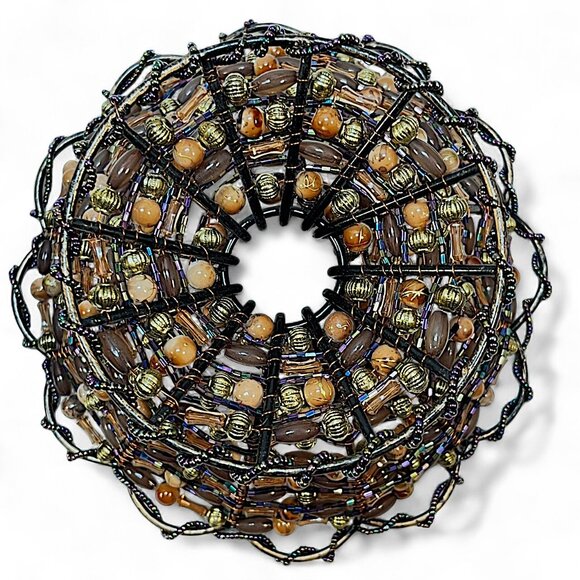 2 Metal Copper Wire Amber Beaded Pedestal Basket Bowl 7” & 4”tall - Picture 4 of 7